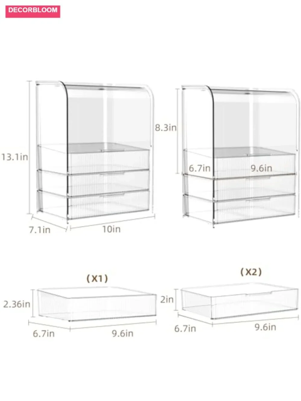 3 Tier Clear Acrylic Makeup Cosmetic Organizer with Lid & Drawers - Countertop